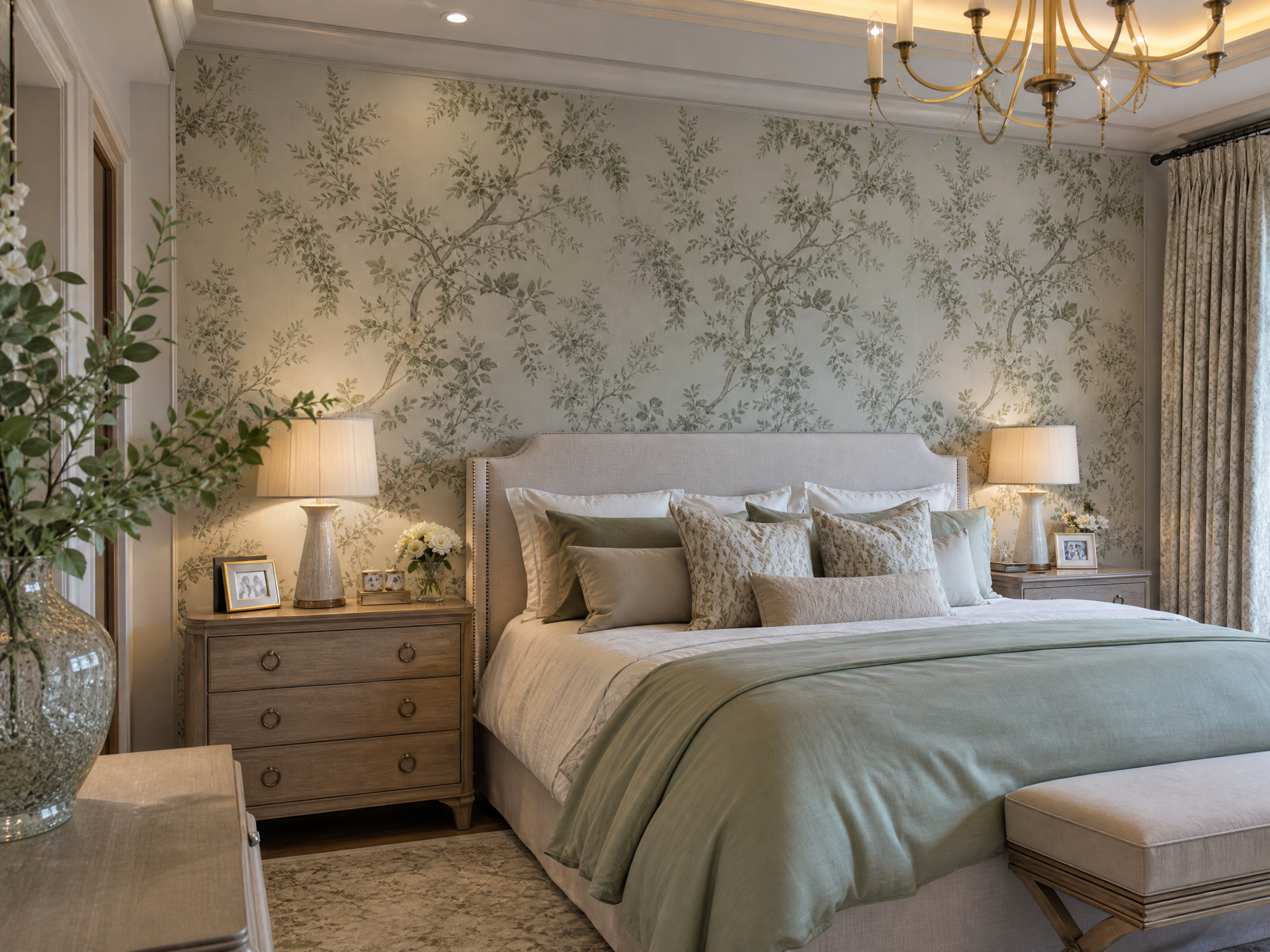 Elegant bedroom with professional botanical wallpaper installation by Indian Workshop