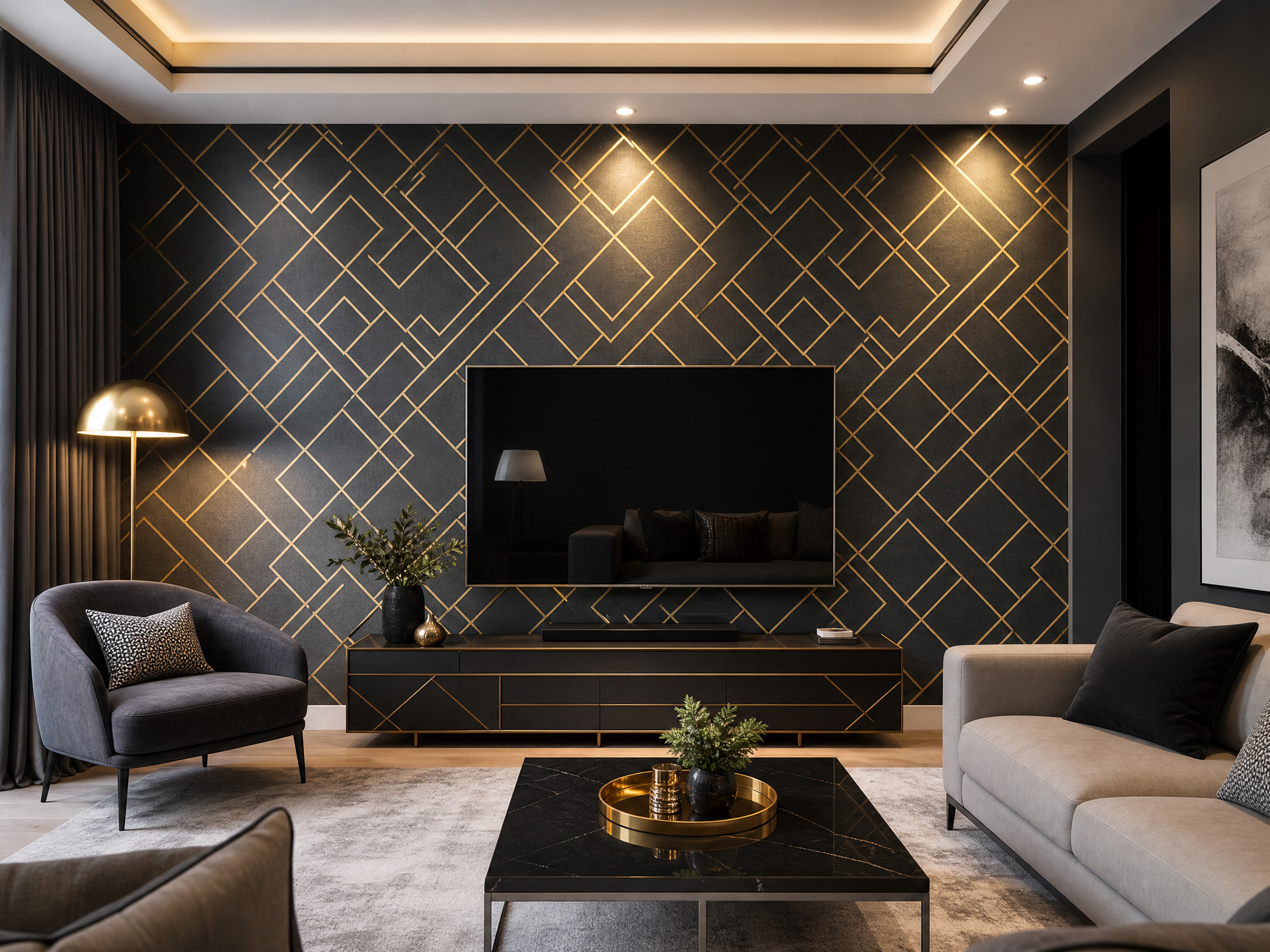 Modern geometric feature wall wallpaper in a contemporary living room