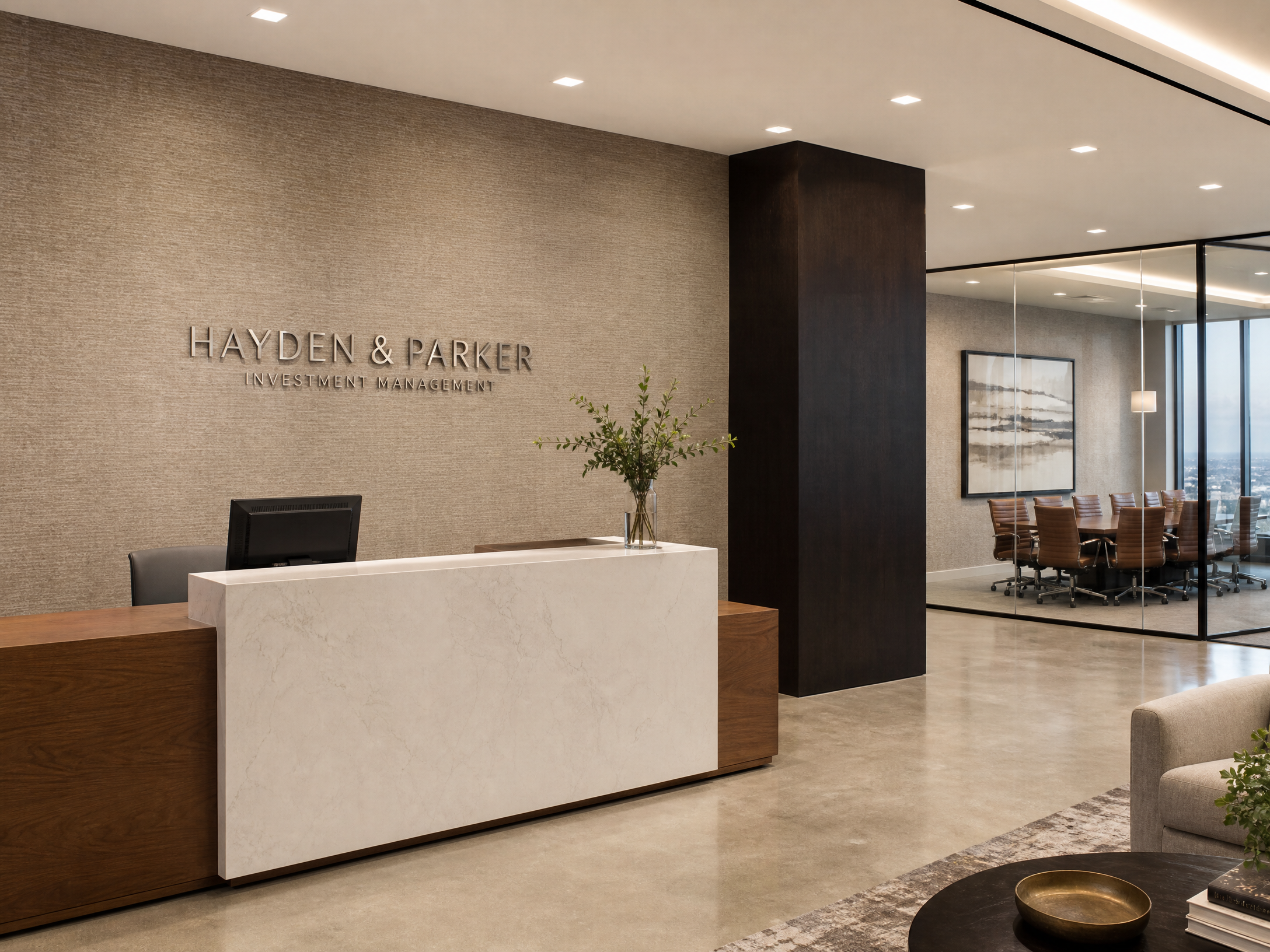 Premium textured wallcovering installation in a commercial office lobby