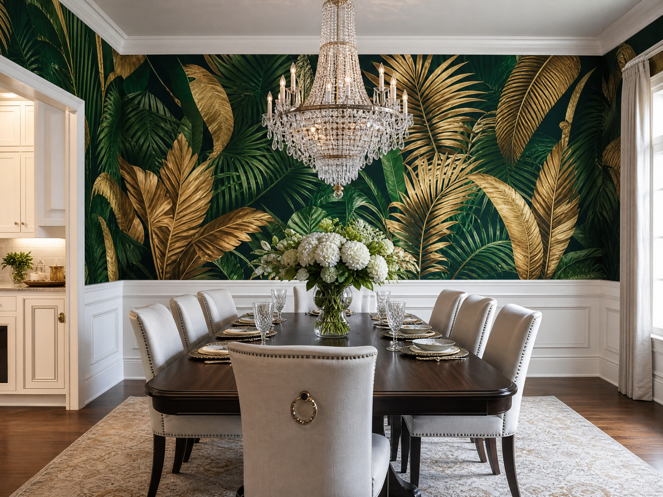 Custom tropical mural wallpaper installation in an elegant dining room