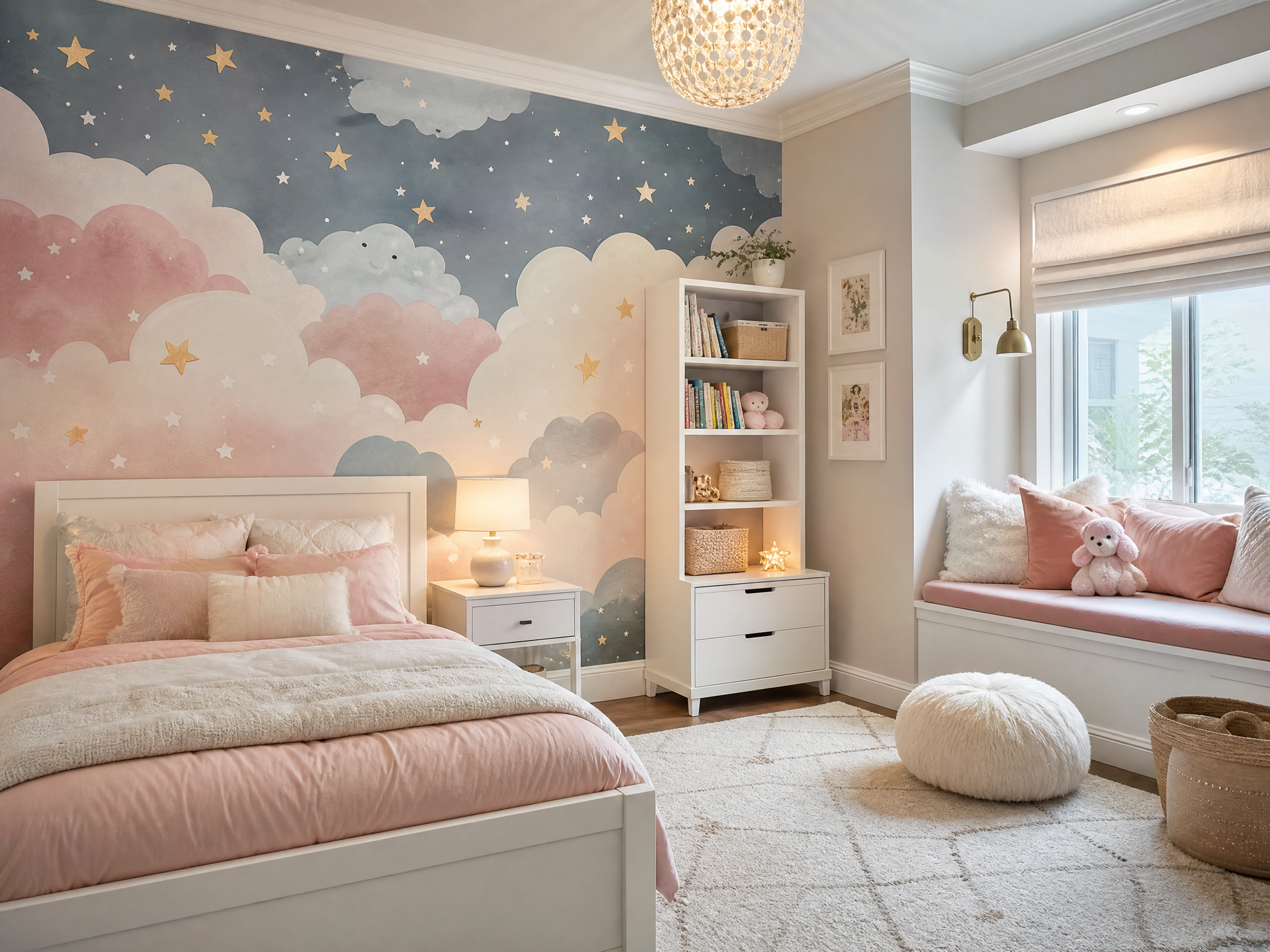Whimsical cloud and star mural wallpaper in a children's bedroom