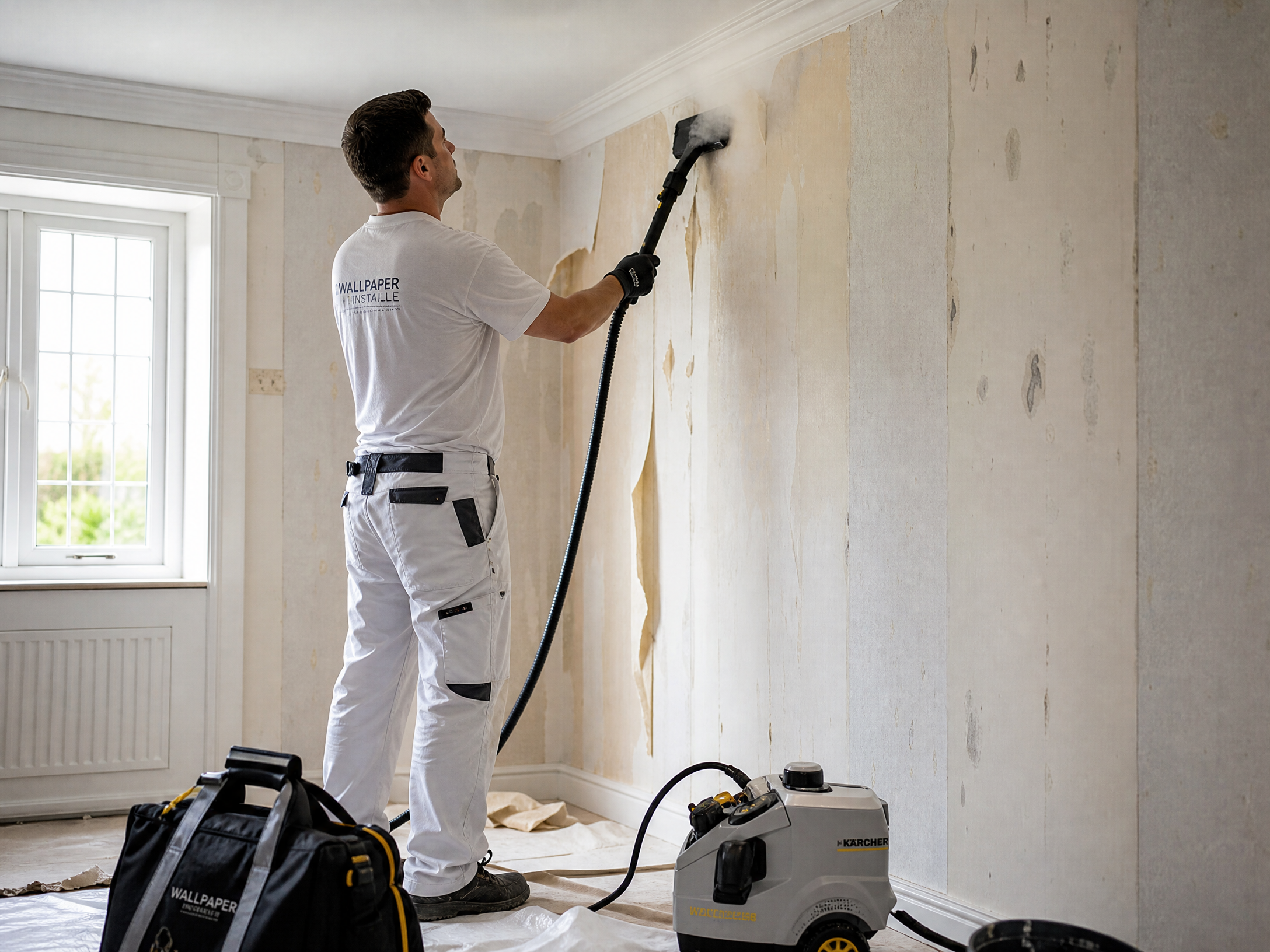 Professional wallpaper removal service preparing walls for new installation