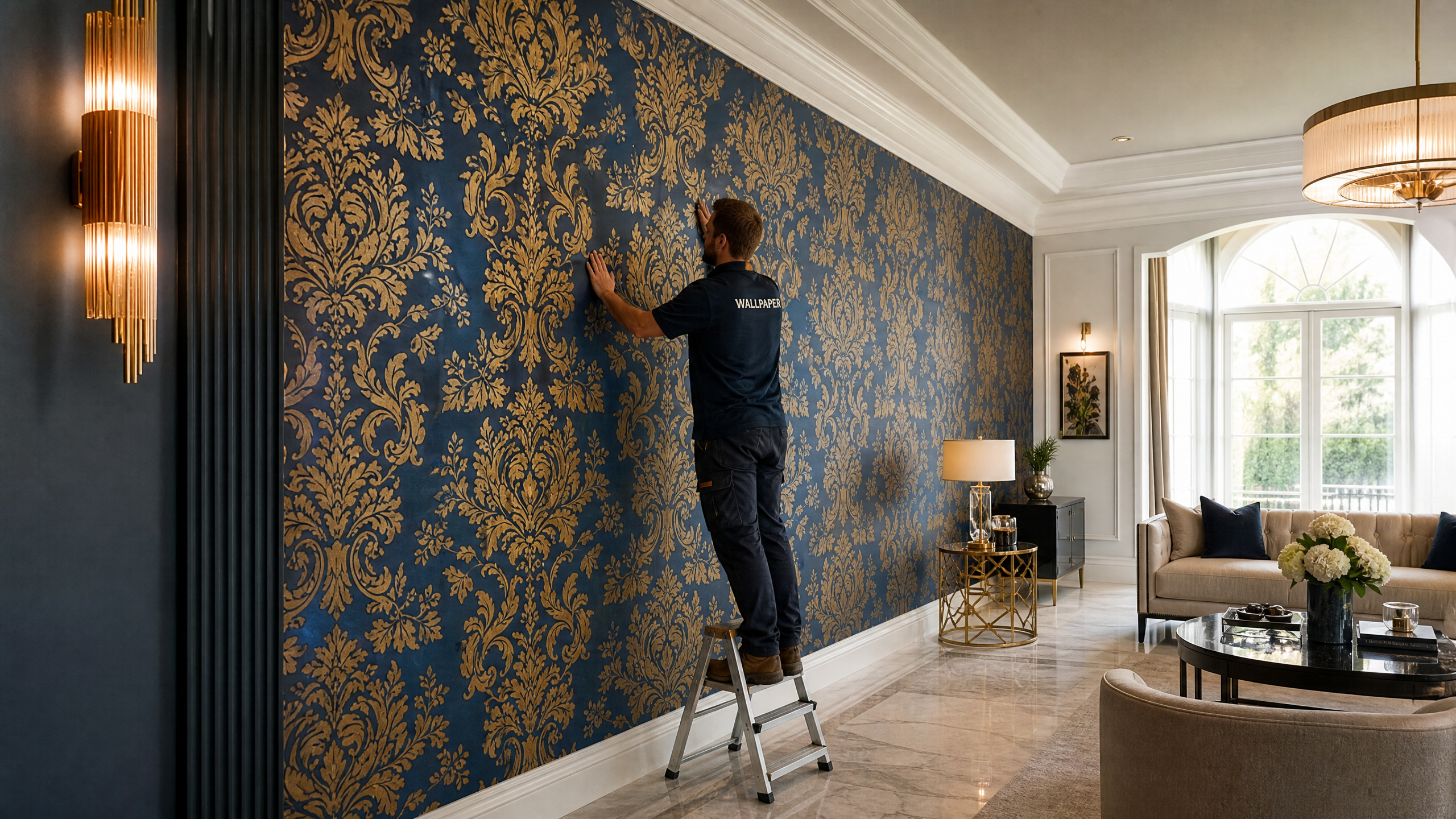 Professional wallpaper installer applying premium damask wallpaper in a luxury Sarasota living room